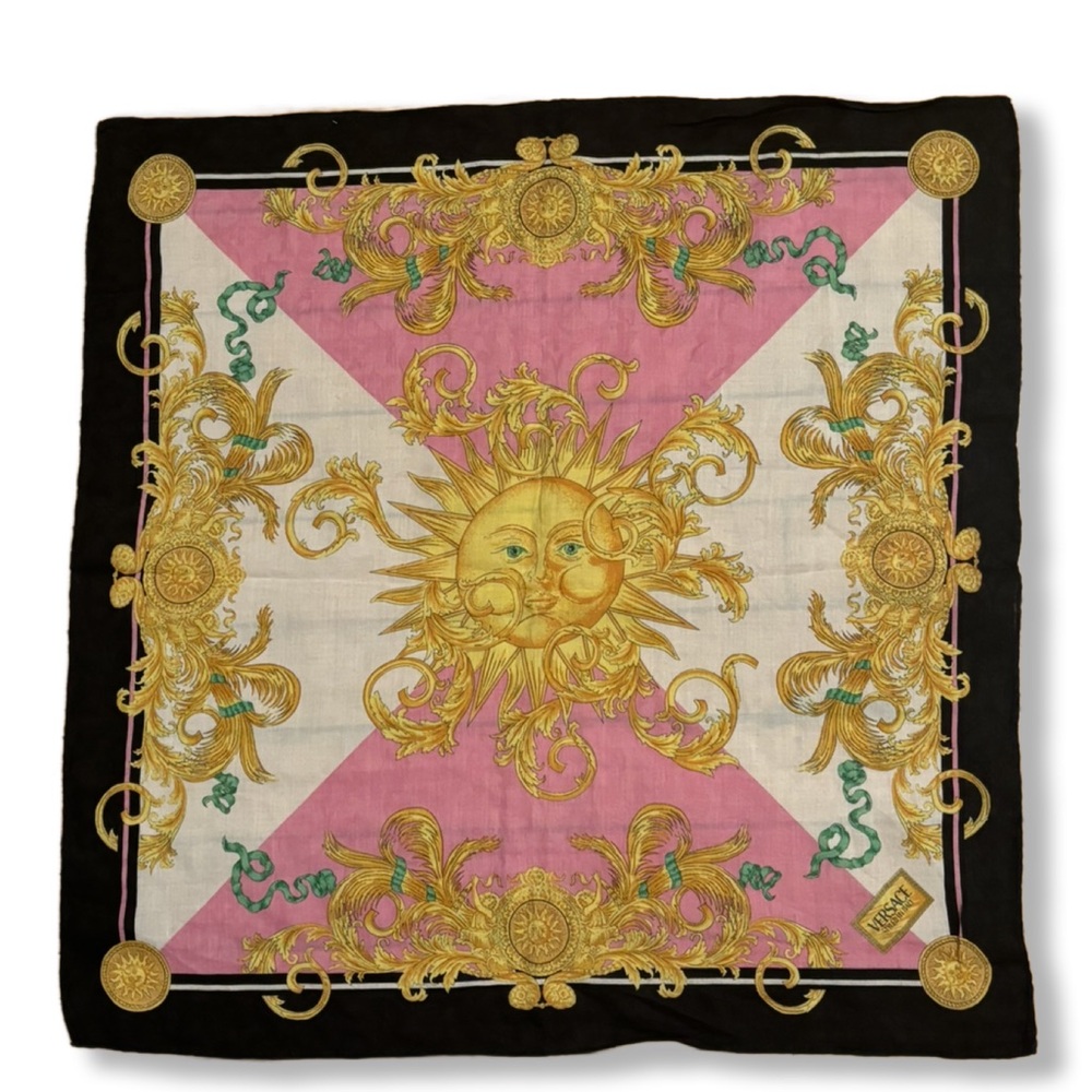 Versace Scarf Handkerchief Bandana Sun Design Pink Black 100% Cotton